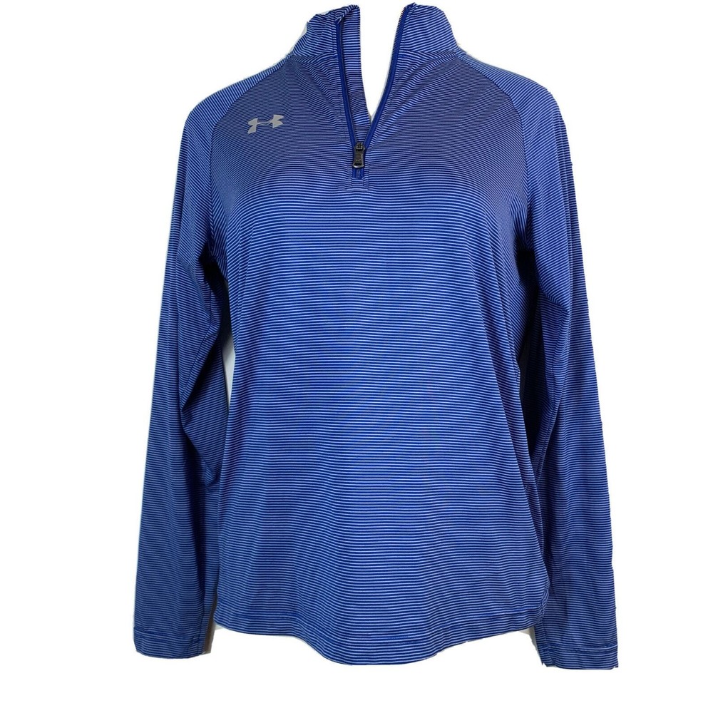 Under Armour Womens S Top Loose Heat Gear 3/4 Zip Blue Stripe Long Sleeve Active